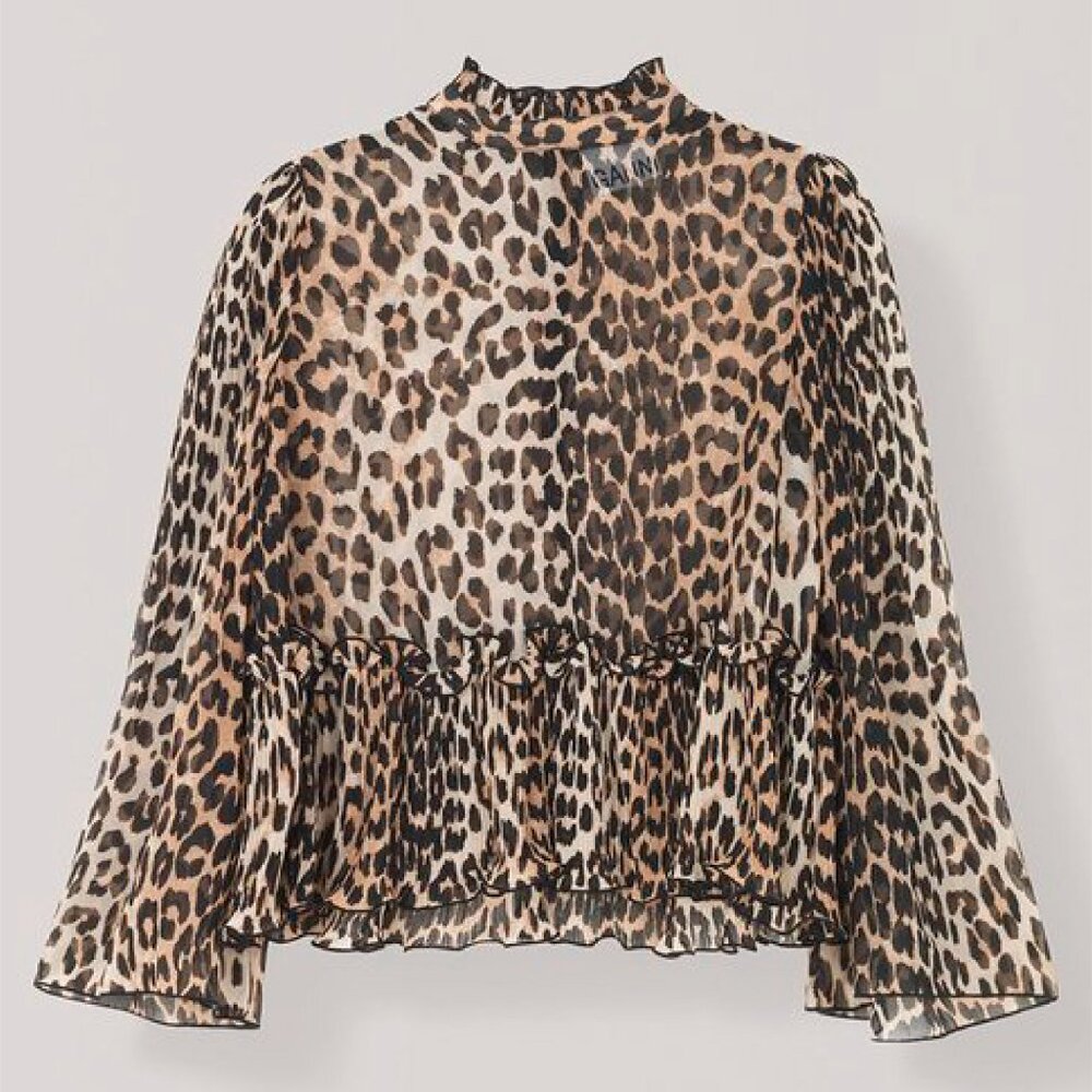 GANNI Pleated Georgette Leopard Print Blouse - Picture 2 of 7